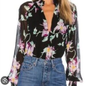 ALC Women's Millie Silk Blend Blouse Size 8 Black Floral Vneck Long Sleeve